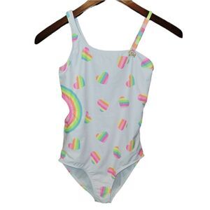 NWOT Juicy Couture Kids Girls One Piece Swimsuit Rainbow Hearts Size 14